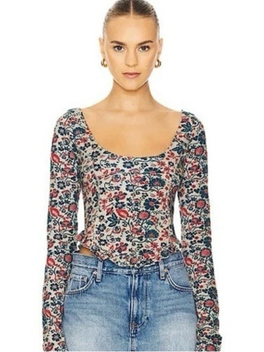 Free People Floral Scoop-Neck Crop Top - Cream with Pink & Blue